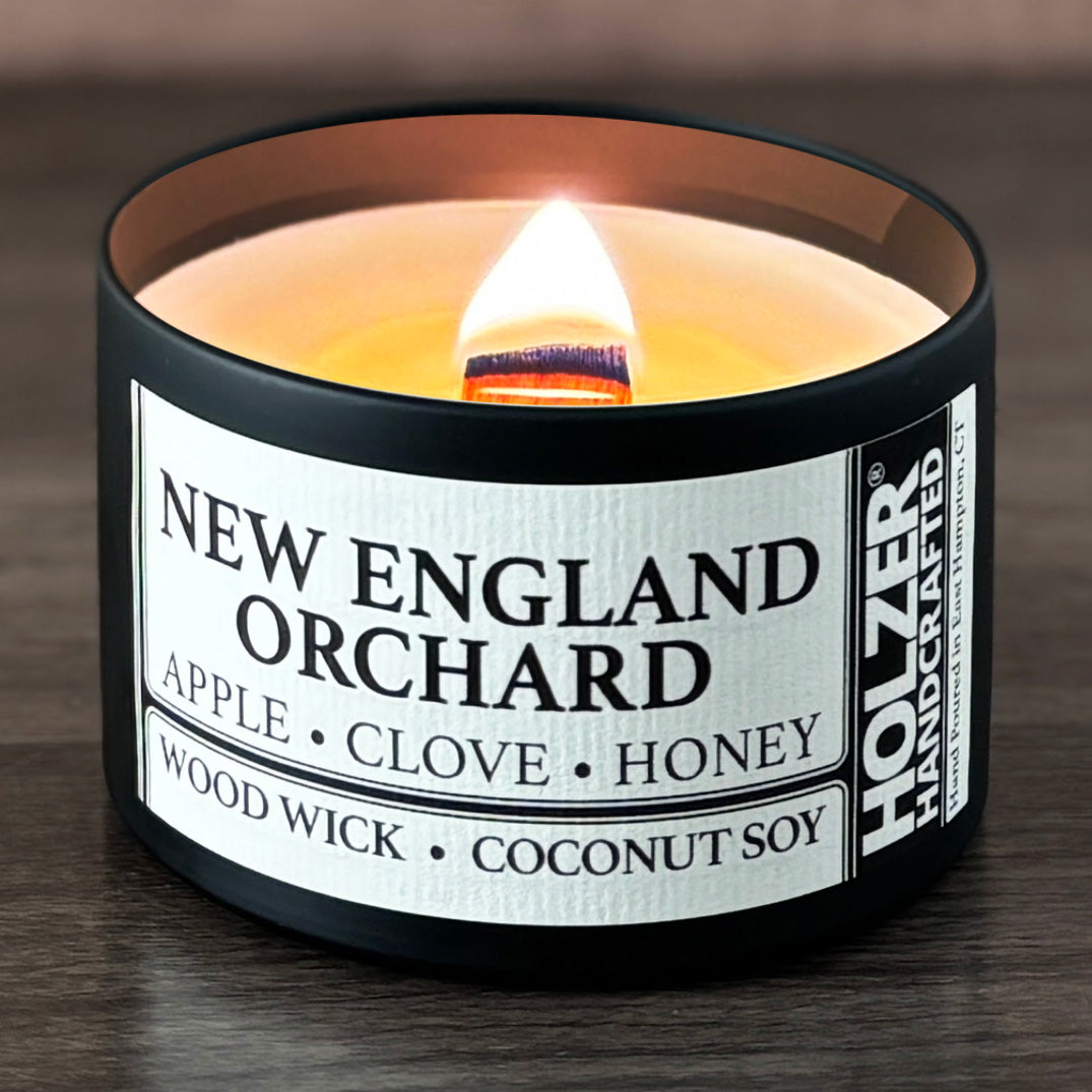 New England Orchard - Apple + Clove + Honey Scented Wood Wick Candle, 8oz Tin