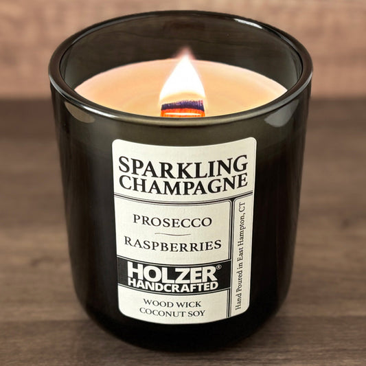 Sparkling Champagne - Prosecco + Raspberries Scented Wood Wick Candle, Luxury Glass Vessel with Lid