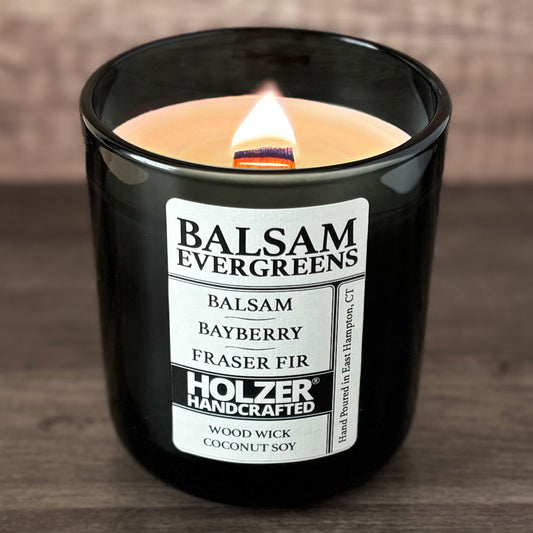 Balsam Evergreens - Balsam + Bayberry + Fraser Fir Scented Wood Wick Candle, Luxury Glass Vessel with Lid