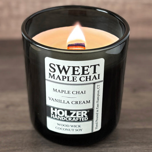 Sweet Maple Chai - Maple Chai + Vanilla Cream Scented Wood Wick Candle, Luxury Glass Vessel with Lid