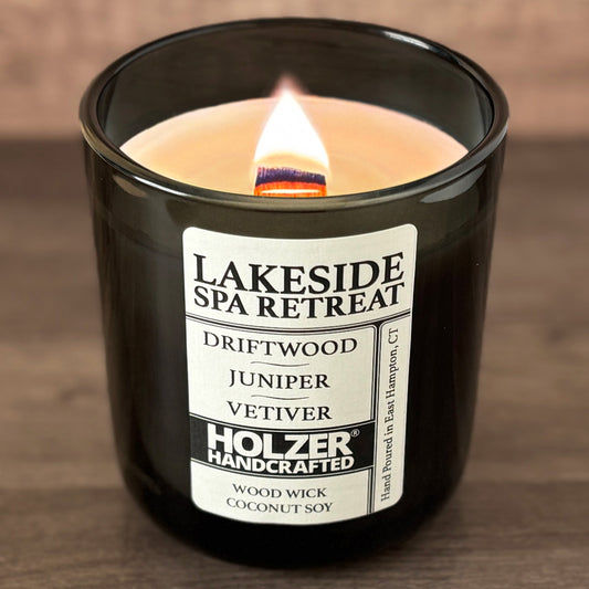 Lakeside Spa Retreat - Driftwood + Juniper + Vetiver Scented Wood Wick Candle, Luxury Glass Vessel with Lid