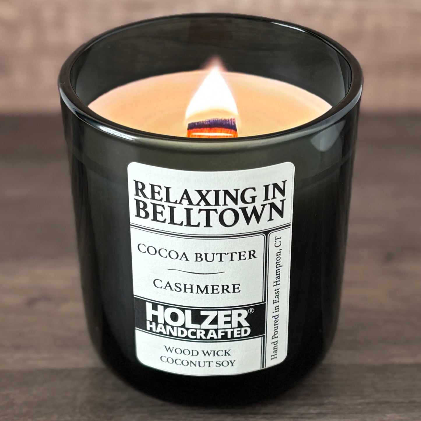 Relaxing in Belltown - Cocoa Butter + Cashmere Scented Wood Wick Candle, Luxury Glass Vessel with Lid