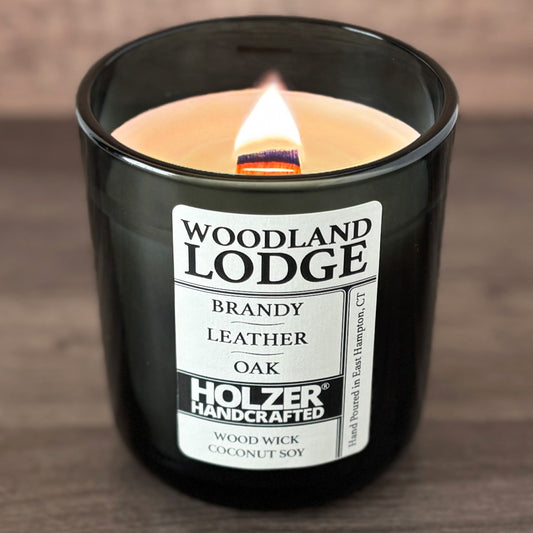 Woodland Lodge - Brandy + Leather + Oak Scented Wood Wick Candle, Luxury Glass Vessel with Lid