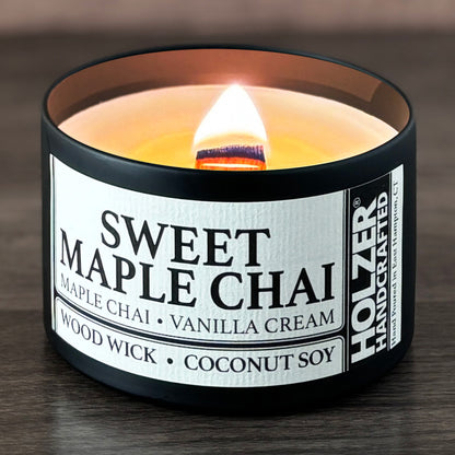 Sweet Maple Chai - Maple Chai + Vanilla Cream Scented Wood Wick Candle, 8oz Tin
