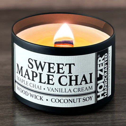 Sweet Maple Chai - Maple Chai + Vanilla Cream Scented Wood Wick Candle, 8oz Tin