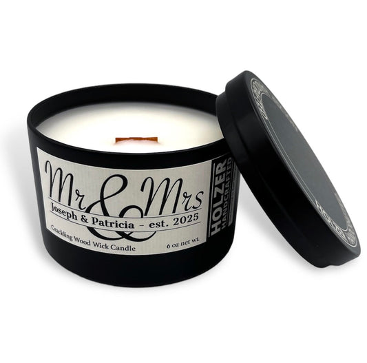 Personalized Mr & Mrs Crackling Wood Wick Scented Candle