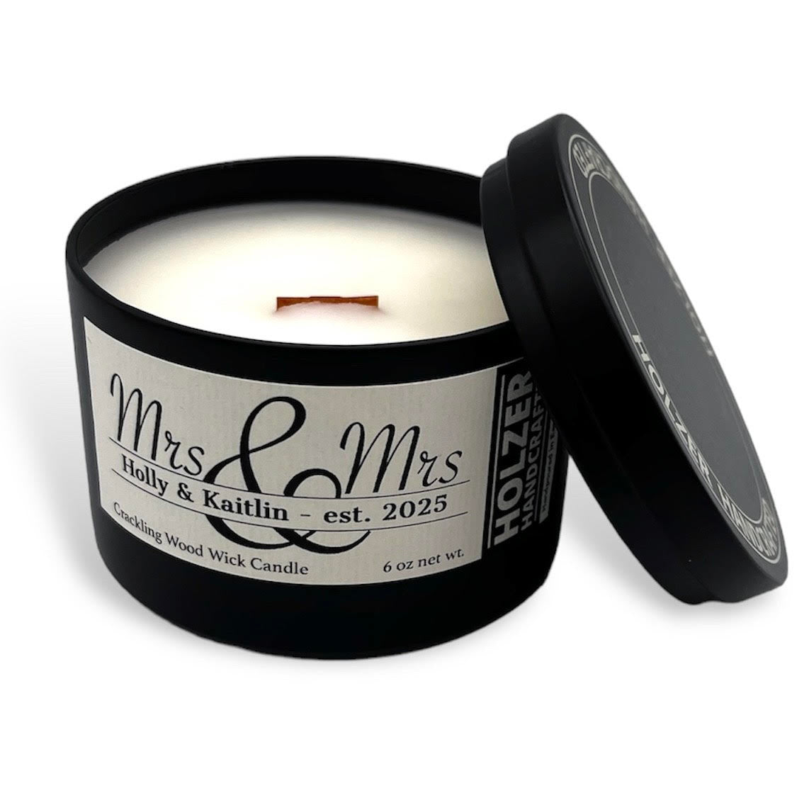 Personalized Mrs & Mrs Crackling Wood Wick Scented Candle