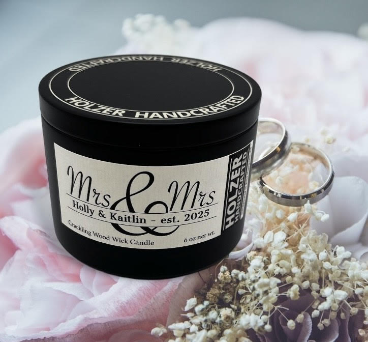 Personalized Mrs & Mrs Crackling Wood Wick Scented Candle