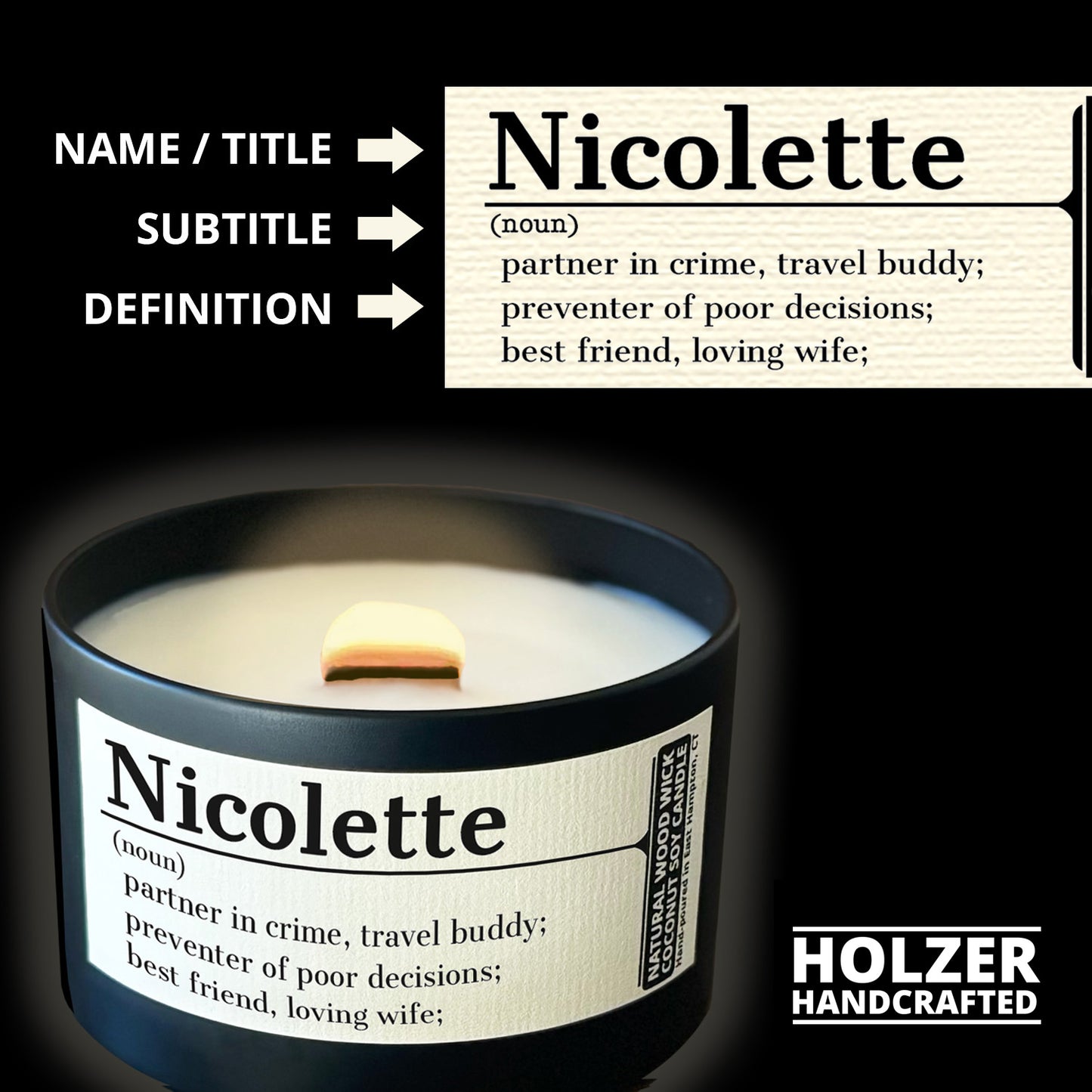 Personalized Wood Wick Candle - Custom Name, Noun, Definition Keepsake, Coconut Soy Wax, 6oz