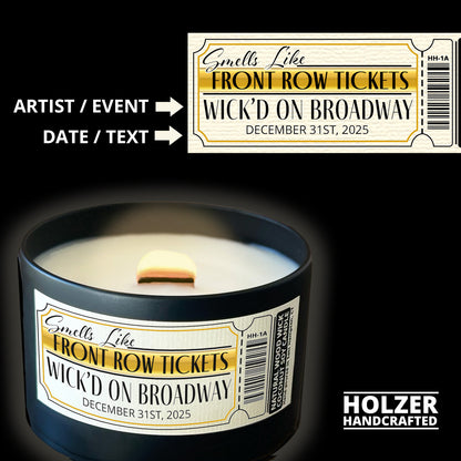 Personalized Wood Wick Candle - Custom Front Row Tickets Keepsake, Coconut Soy Wax, 6oz