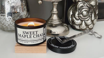 Sweet Maple Chai - Maple Chai + Vanilla Cream Scented Wood Wick Candle, 8oz Tin