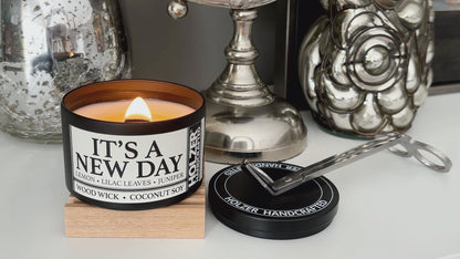 It's A New Day - Lemon + Lilac Leaves + Juniper Scented Wood Wick Candle, 8oz Tin