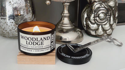Woodland Lodge - Brandy + Leather + Oak Scented Wood Wick Candle, 8oz Tin