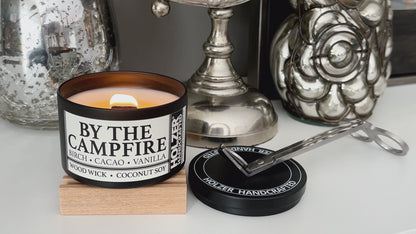 By The Campfire - Birch + Cacao + Vanilla Scented Wood Wick Candle, 8oz Tin