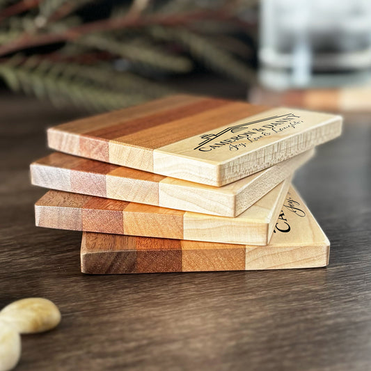 Personalized Housewarming Coasters, Natural Hardwoods, Set of 4