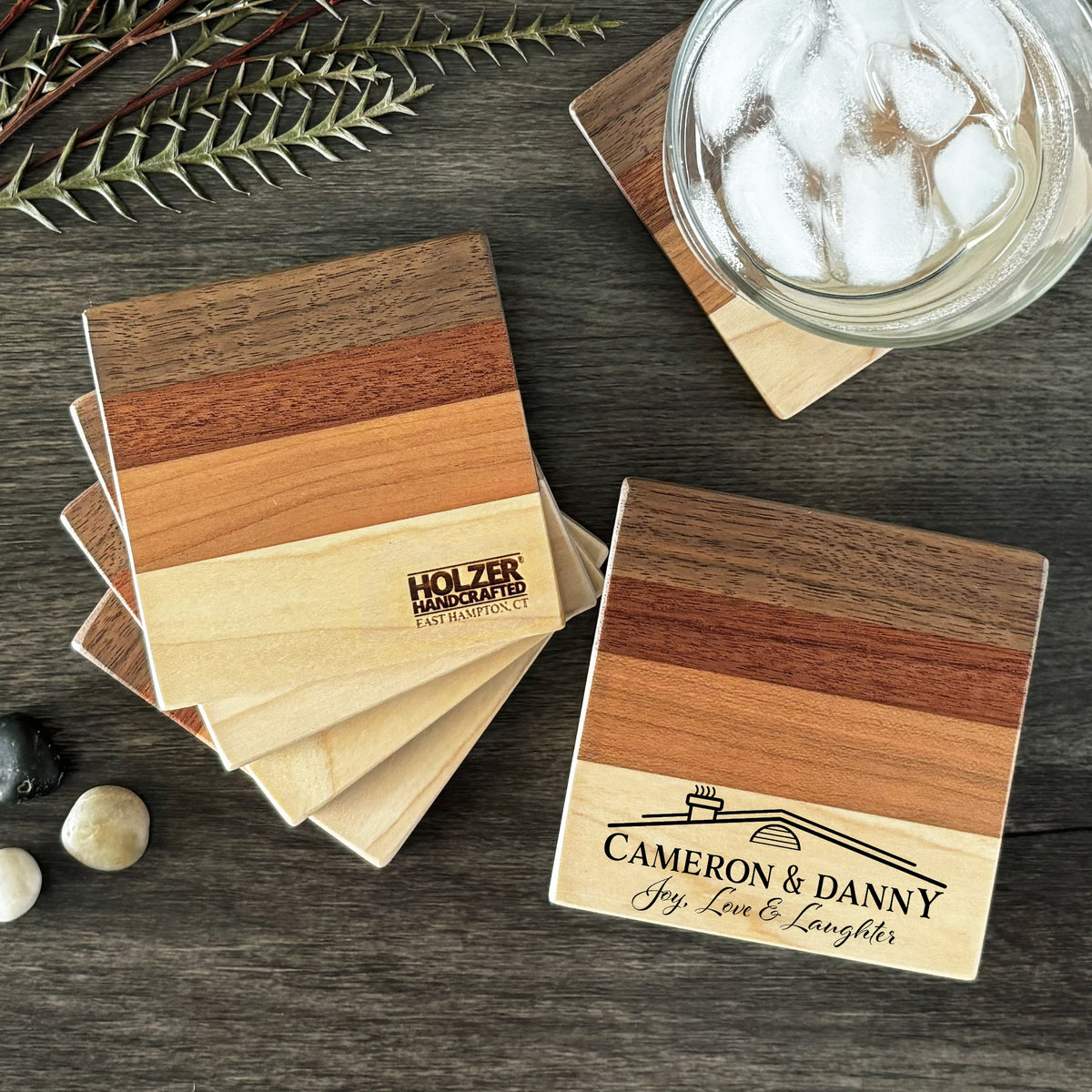 Personalized Housewarming Coasters, Natural Hardwoods, Set of 4