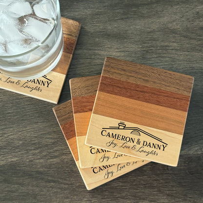 Personalized Housewarming Coasters, Natural Hardwoods, Set of 4