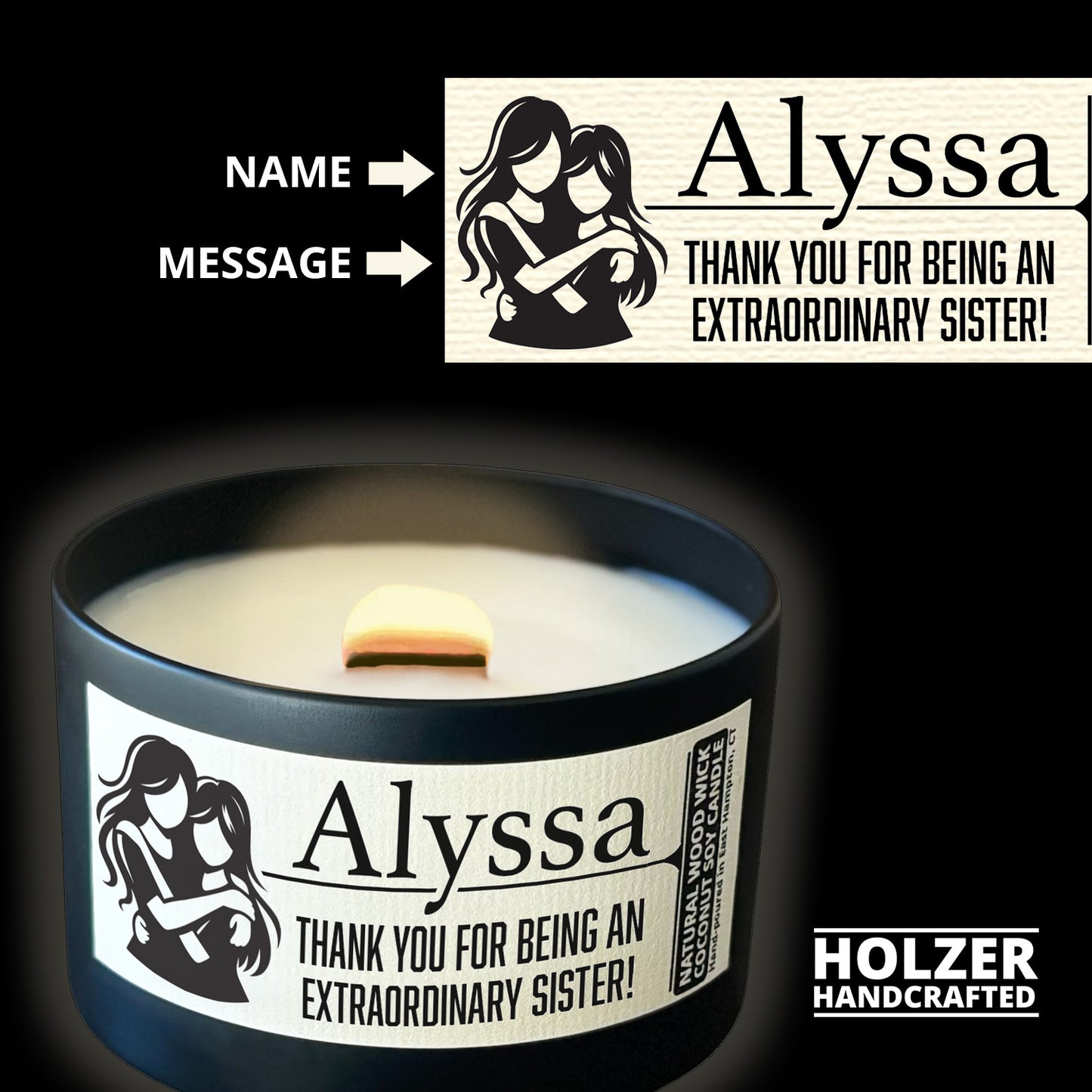 Personalized Wood Wick Candle - Custom Best Sister Keepsake, Coconut Soy Wax, 6oz