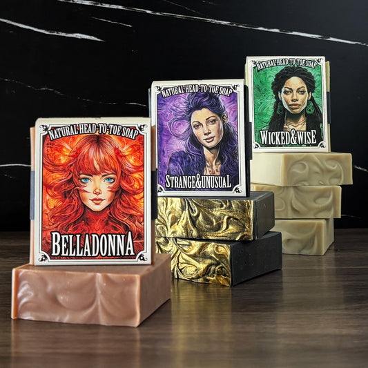 Cinematic Legends Soap Trio - Natural Head to Toe Soap - 4.5oz to 5oz Bars - BELLADONNA + STRANGE & UNUSUAL + WICKED & WISE