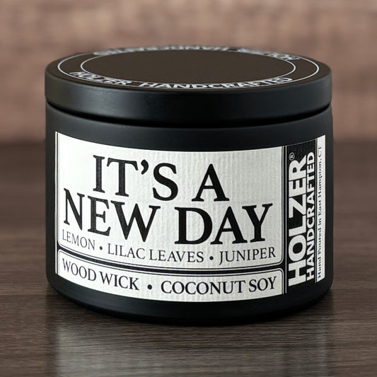 It's A New Day - Lemon + Lilac Leaves + Juniper Scented Wood Wick Candle, 8oz Tin