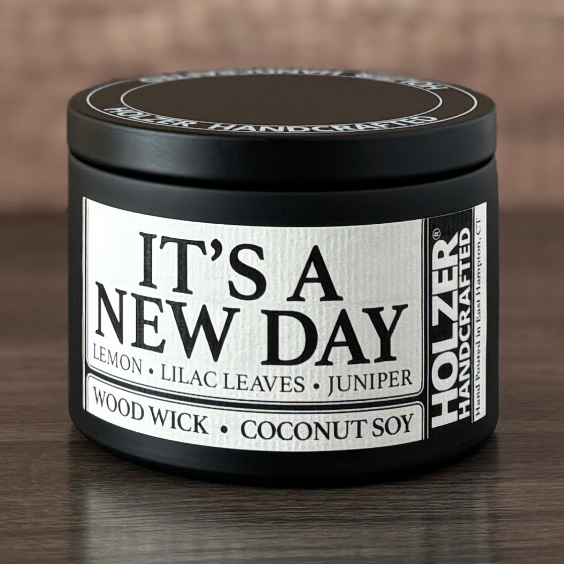 It's A New Day - Lemon + Lilac Leaves + Juniper Scented Wood Wick Candle, 8oz Tin