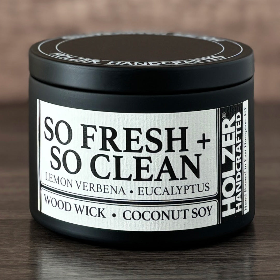 So Fresh + So Clean - Lemon Verbena + Eucalyptus Scented Wood Wick Candle, 8oz Tin