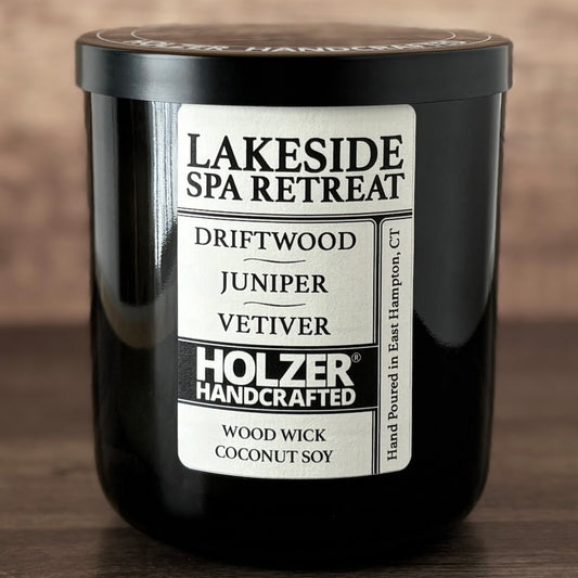 Lakeside Spa Retreat - Driftwood + Juniper + Vetiver Scented Wood Wick Candle, Luxury Glass Vessel with Lid