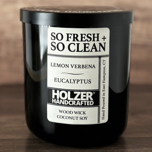 So Fresh + So Clean - Lemon Verbena + Eucalyptus Scented Wood Wick Candle, Luxury Glass Vessel with Lid
