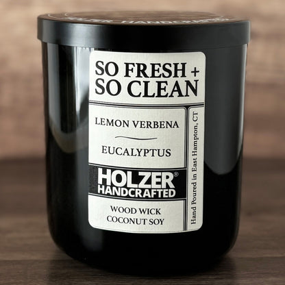 So Fresh + So Clean - Lemon Verbena + Eucalyptus Scented Wood Wick Candle, Luxury Glass Vessel with Lid
