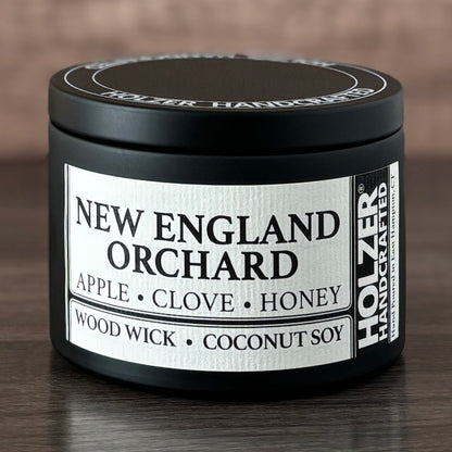 New England Orchard - Apple + Clove + Honey Scented Wood Wick Candle, 8oz Tin