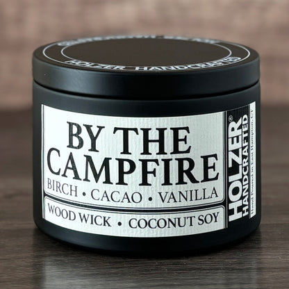 By The Campfire - Birch + Cacao + Vanilla Scented Wood Wick Candle, 8oz Tin