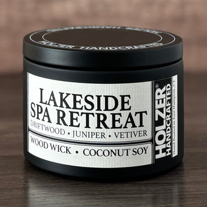 Lakeside Spa Retreat - Driftwood + Juniper + Vetiver Scented Wood Wick Candle, 8oz Tin