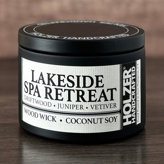 Lakeside Spa Retreat - Driftwood + Juniper + Vetiver Scented Wood Wick Candle, 8oz Tin