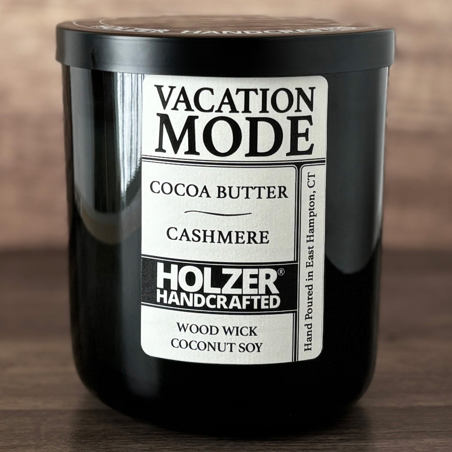 Vacation Mode - Cocoa Butter + Cashmere Scented Wood Wick Candle, Luxury Glass Vessel with Lid