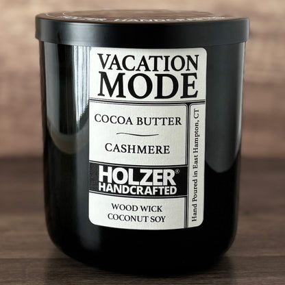 Vacation Mode - Cocoa Butter + Cashmere Scented Wood Wick Candle, Luxury Glass Vessel with Lid