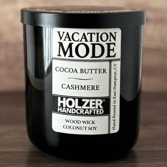 Vacation Mode - Cocoa Butter + Cashmere Scented Wood Wick Candle, Luxury Glass Vessel with Lid