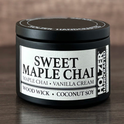 Sweet Maple Chai - Maple Chai + Vanilla Cream Scented Wood Wick Candle, 8oz Tin