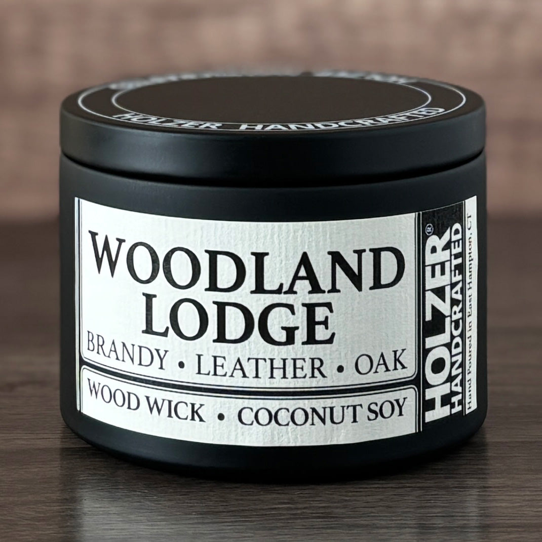 Woodland Lodge - Brandy + Leather + Oak Scented Wood Wick Candle, 8oz Tin