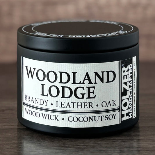 Woodland Lodge - Brandy + Leather + Oak Scented Wood Wick Candle, 8oz Tin