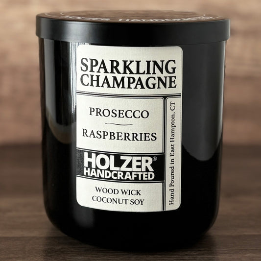 Sparkling Champagne - Prosecco + Raspberries Scented Wood Wick Candle, Luxury Glass Vessel with Lid