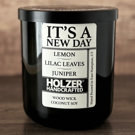 It's A New Day - Lemon + Lilac Leaves + Juniper Scented Wood Wick Candle, Luxury Glass Vessel with Lid