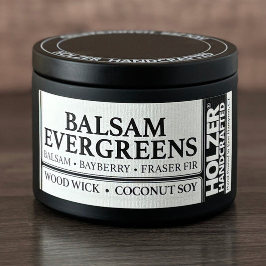 Balsam Evergreens - Balsam + Bayberry + Fraser Fir Scented Wood Wick Candle, 8oz Tin