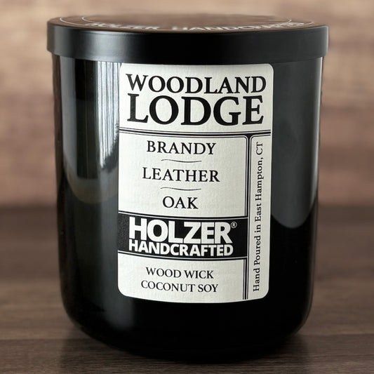 Woodland Lodge - Brandy + Leather + Oak Scented Wood Wick Candle, Luxury Glass Vessel with Lid