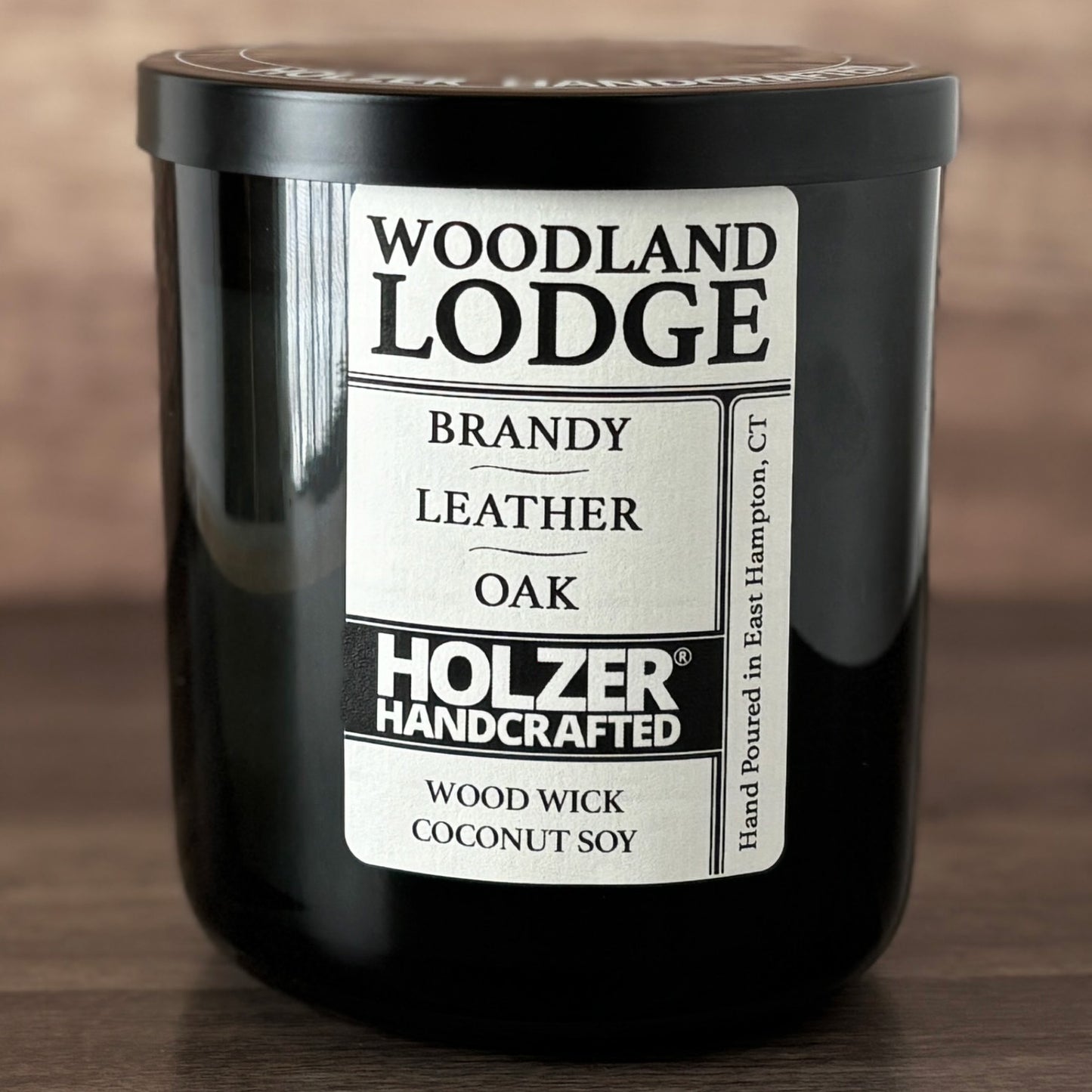 Woodland Lodge - Brandy + Leather + Oak Scented Wood Wick Candle, Luxury Glass Vessel with Lid