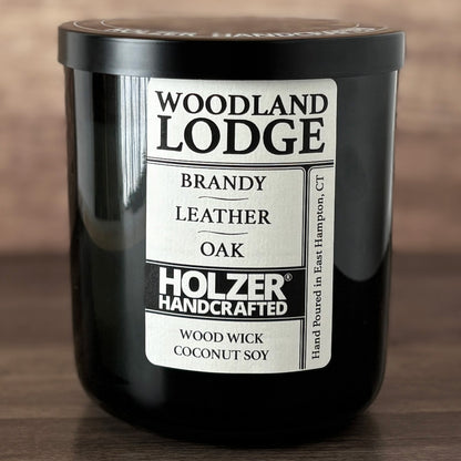 Woodland Lodge - Brandy + Leather + Oak Scented Wood Wick Candle, Luxury Glass Vessel with Lid