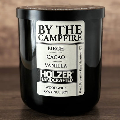 By The Campfire - Birch + Cacao + Vanilla Scented Wood Wick Candle, Luxury Glass Vessel with Lid