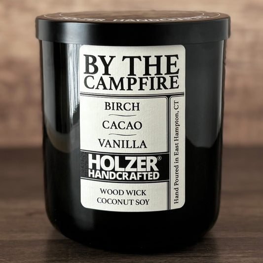 By The Campfire - Birch + Cacao + Vanilla Scented Wood Wick Candle, Luxury Glass Vessel with Lid