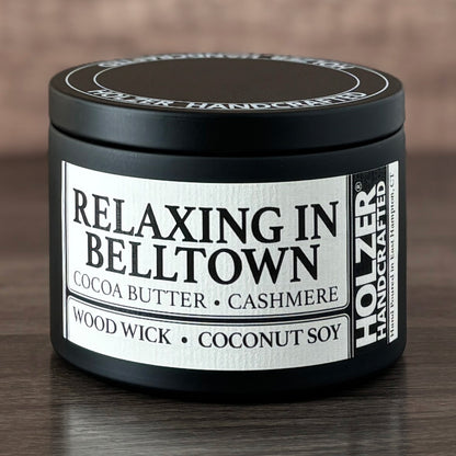 Relaxing in Belltown - Cocoa Butter + Cashmere Scented Wood Wick Candle, 8oz Tin