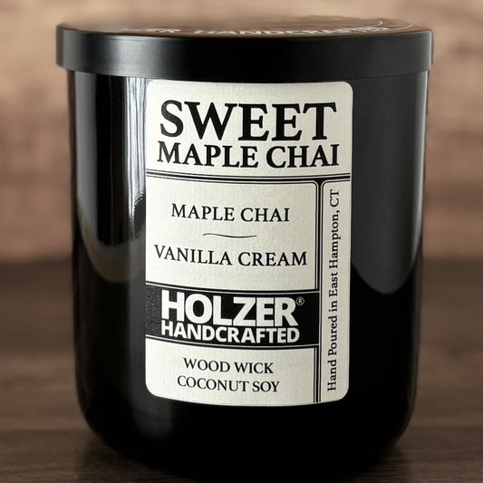 Sweet Maple Chai - Maple Chai + Vanilla Cream Scented Wood Wick Candle, Luxury Glass Vessel with Lid
