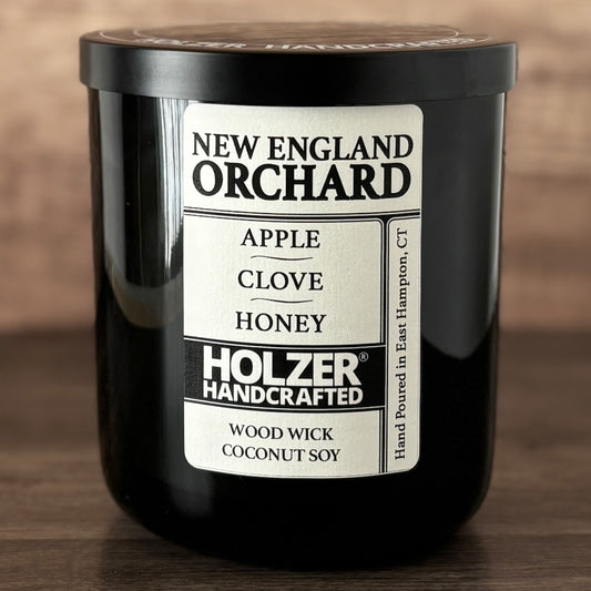 New England Orchard - Apple + Clove + Honey Scented Wood Wick Candle, Luxury Glass Vessel with Lid
